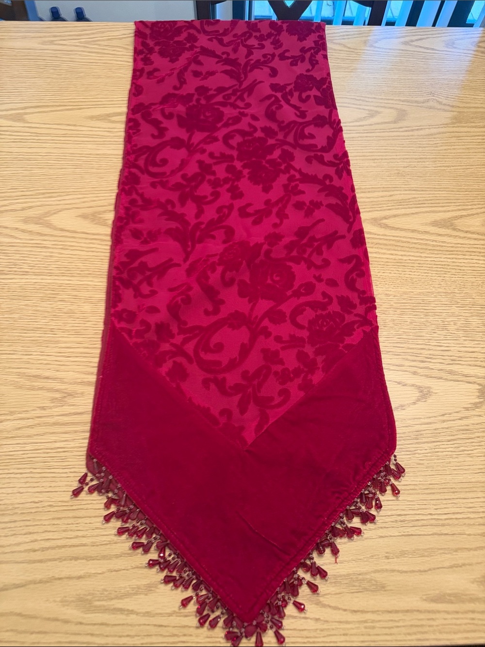 Vintage Elegant Red Damask Table Runner with Beaded Fringe 70” long 12.5 wide